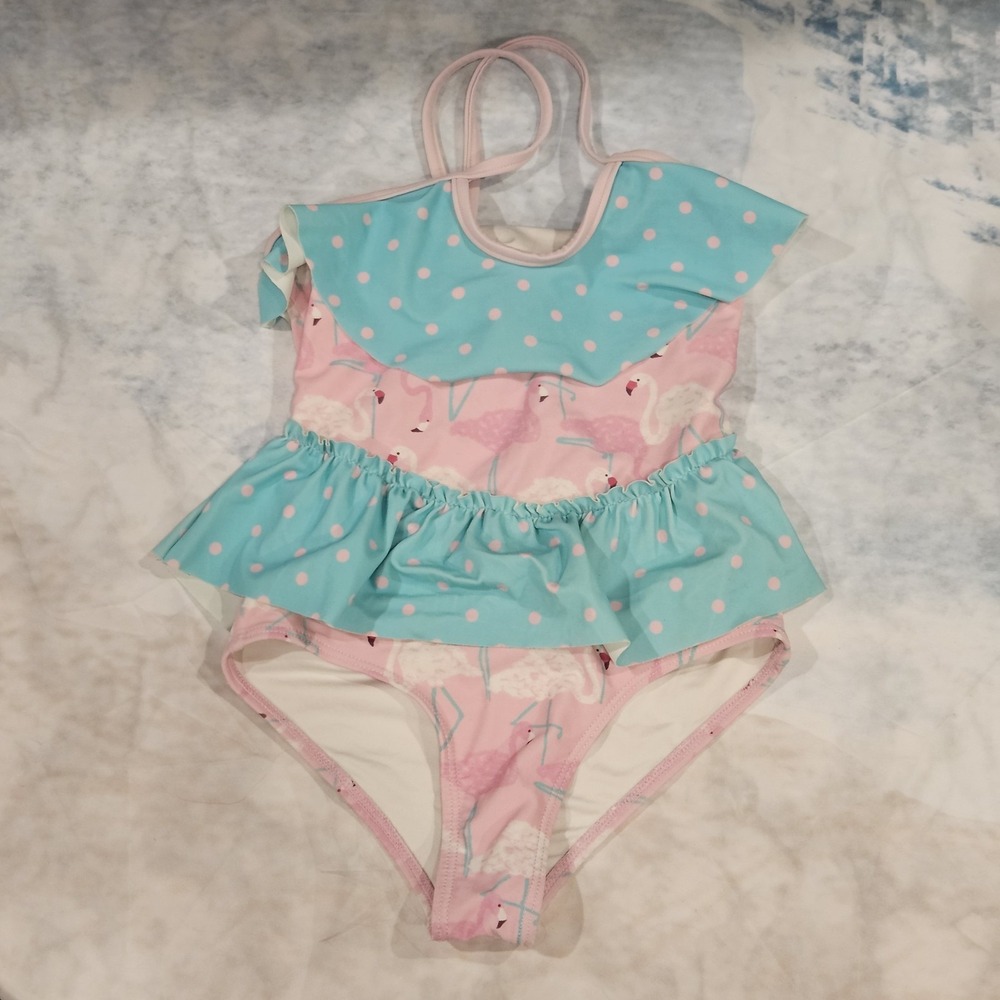 Matilda Jane Island‎ Party Flamingo Ruffle Swimsuit Girls Size 6 Pink Blue